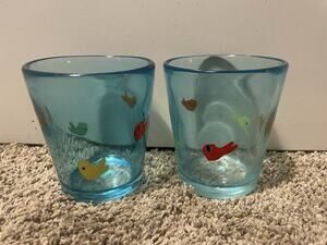 Anthropologie Icon Fish Hand Blown Glasses Heavy Thick Set of 2 Blue